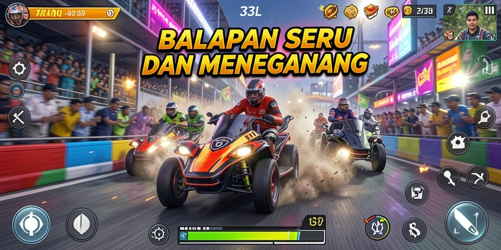 Tampilan gameplay di 33L yang seru dengan mobil balap dan lintasan yang menantang.