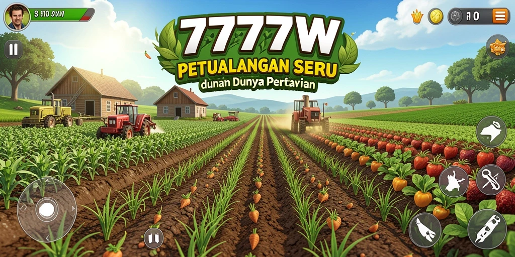 Tangkapan layar dari gameplay <strong>7777W</strong> menampilkan ladang yang subur dan hewan-hewan yang bahagia.