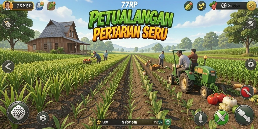 Tampilan gameplay <strong>77RP</strong> dengan kebun yang subur dan hewan ternak.