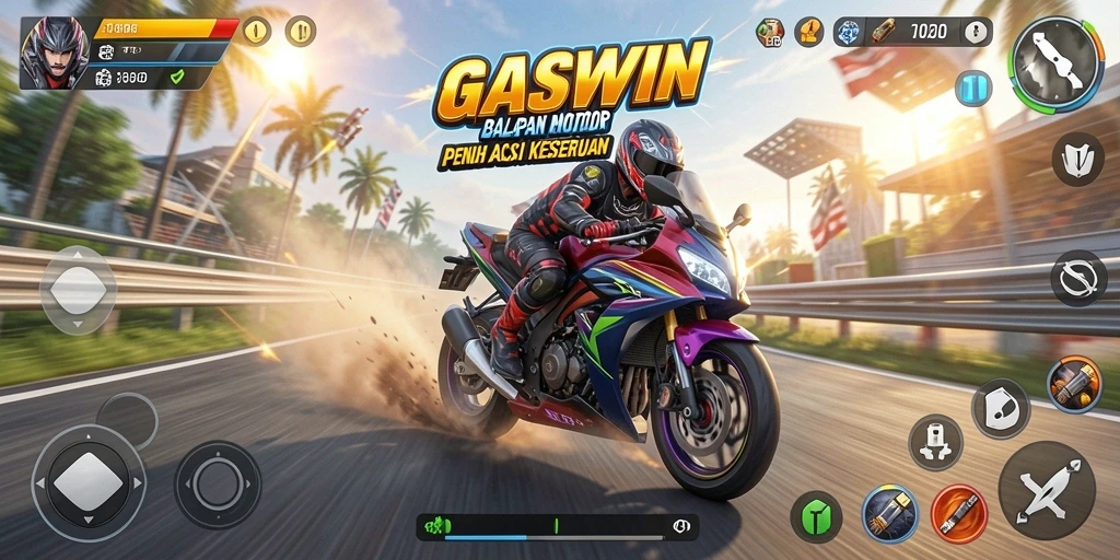 Gameplay seru di GASWIN dengan balapan motor mendebarkan.