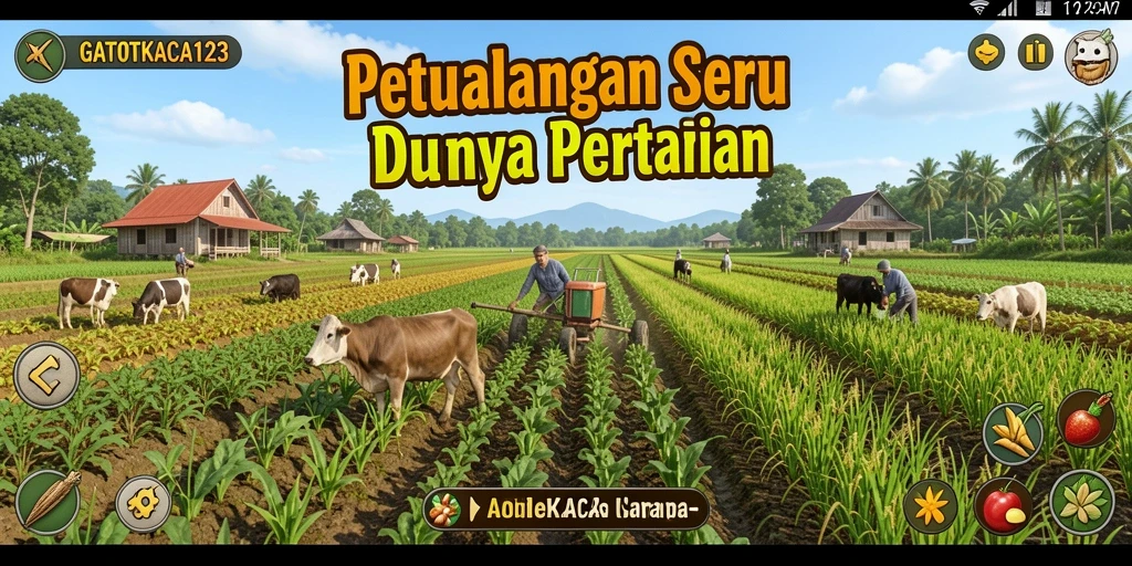Tampilan gameplay GATOTKACA123 dengan ladang subur dan hewan ternak.