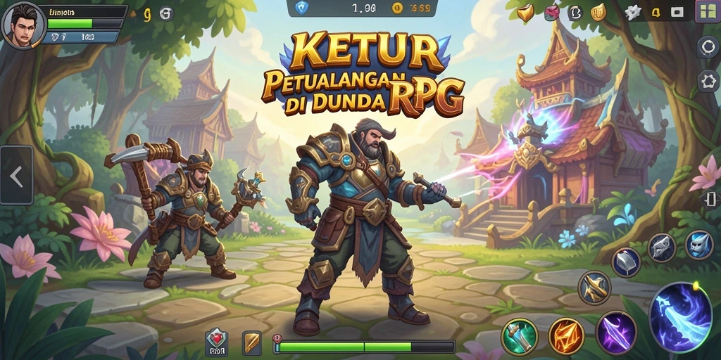 Tampilan utama KETUA menampilkan pertarungan epik dan karakter RPG.