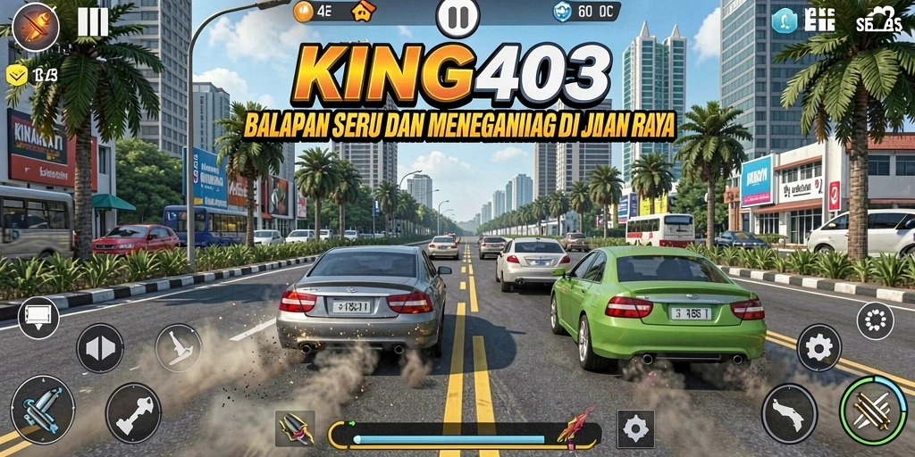 Screenshot KING403 menampilkan aksi balapan yang mendebarkan di jalan raya.