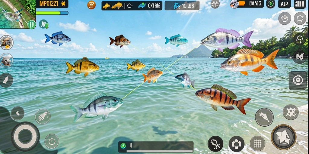 Screenshot gameplay MPO1221 menampilkan aksi seru menembak ikan.