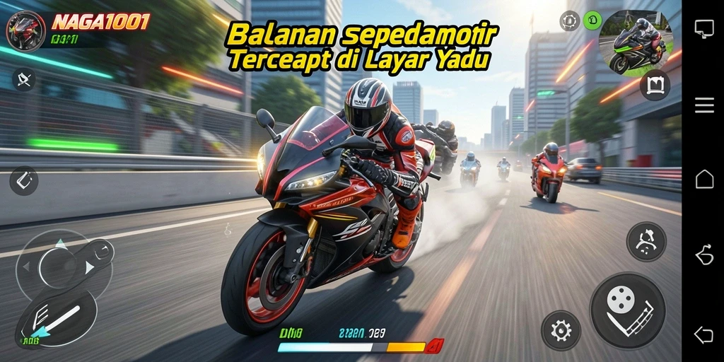 Tampilan gameplay NAGA1001 saat balapan dengan motor cepat dan lintasan menantang.