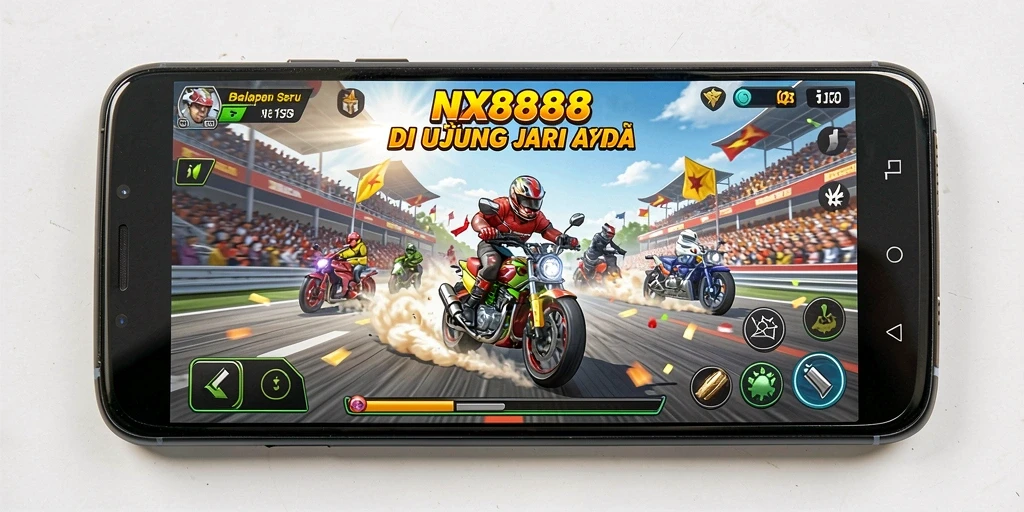 Tangkapan layar gameplay NX888 menampilkan balapan yang mendebarkan dan mobil canggih.